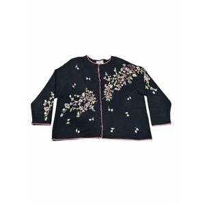 Vintage TIARA Womens Cottagecore Floral Embroidered Cardigan Grandma Black 26/28